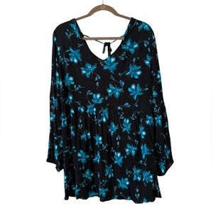 Lane Bryant 2X Dark Romantic Blue Long Sleeve Babydoll Blouse Fairy Floral 18/20